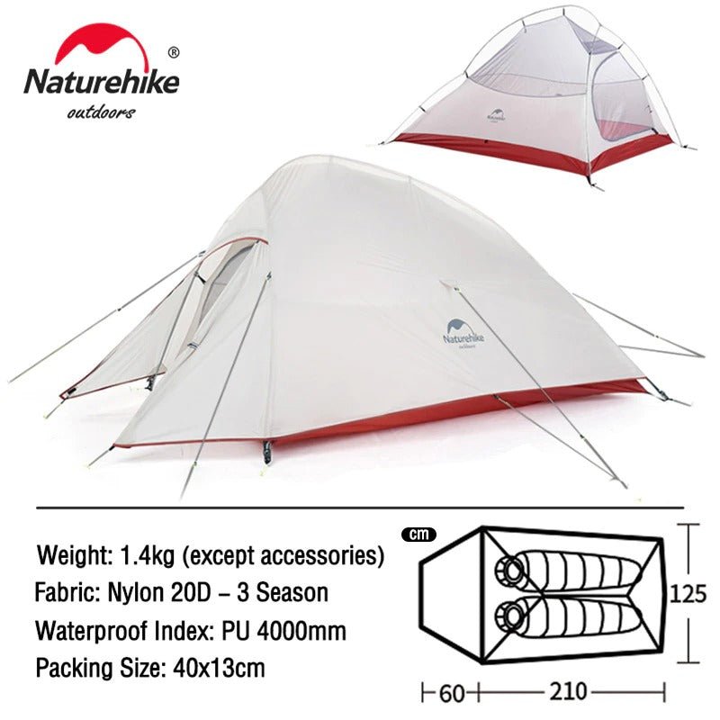 Cloud Up 2 Person Ultralight Hiking Tent - Naturexplore - Naturehike - NH17T001-T-W - Gray 20D + Mats