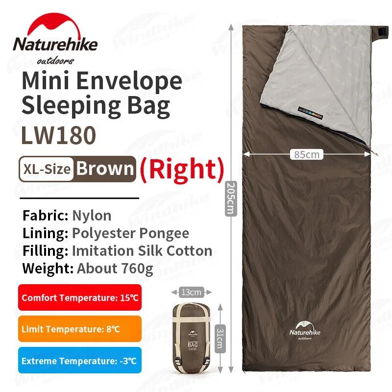 LW180 Ultralight Cotton Sleeping Bag - Naturexplore - Naturehike - NH21MSD09 - XL-Grayish Brown