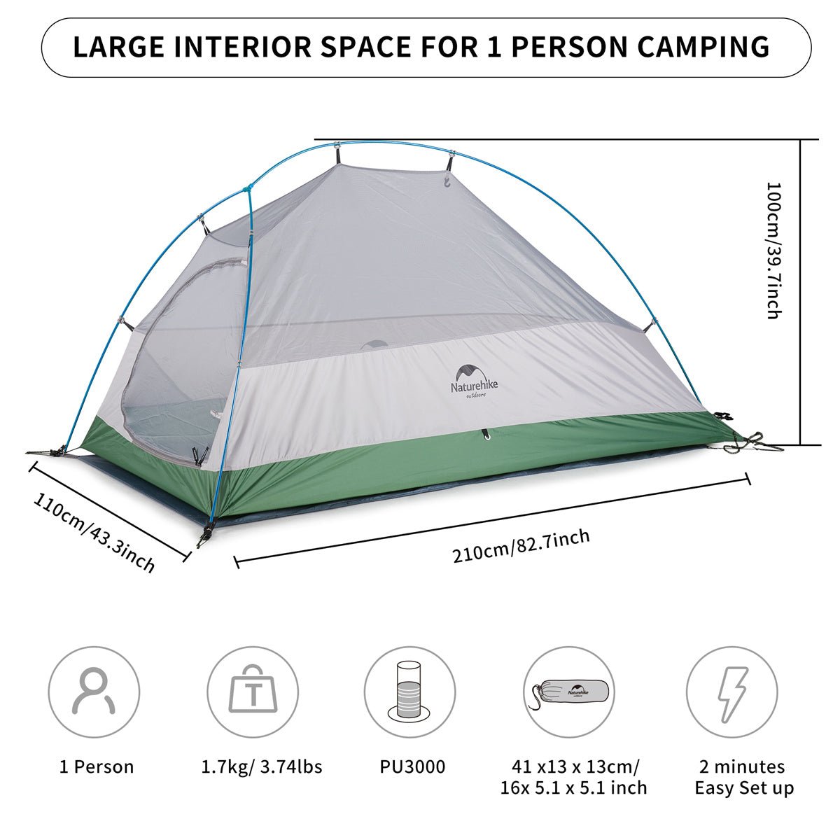 Cloud Up 1 Person Upgraded Hiking Tent - Naturexplore - Naturehike - NH18T010-T - Light grey /red + mats