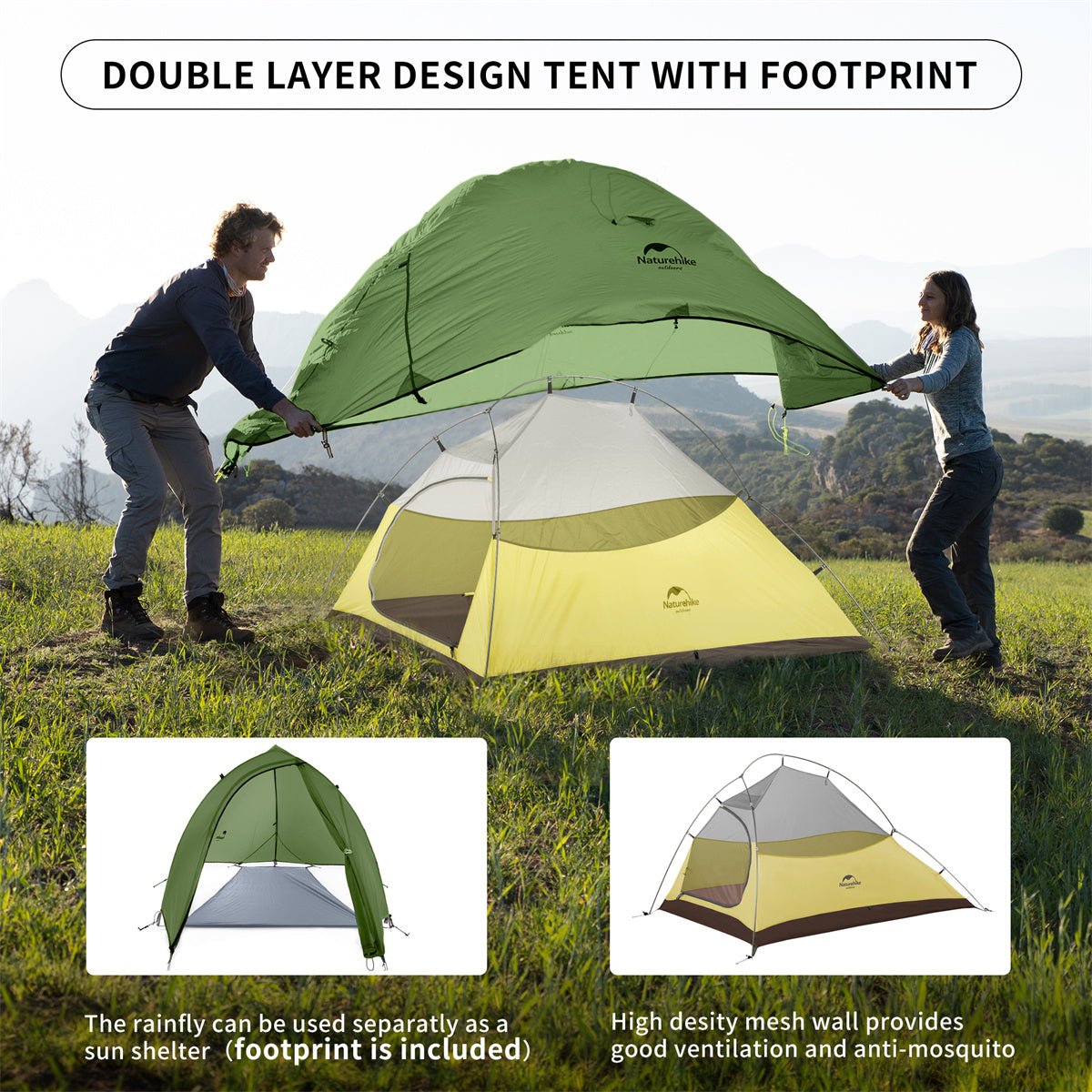 Cloud Up 2 Person Ultralight Hiking Tent - Naturexplore - Naturehike - NH17T001-T-1 - Grey with skirt/red
