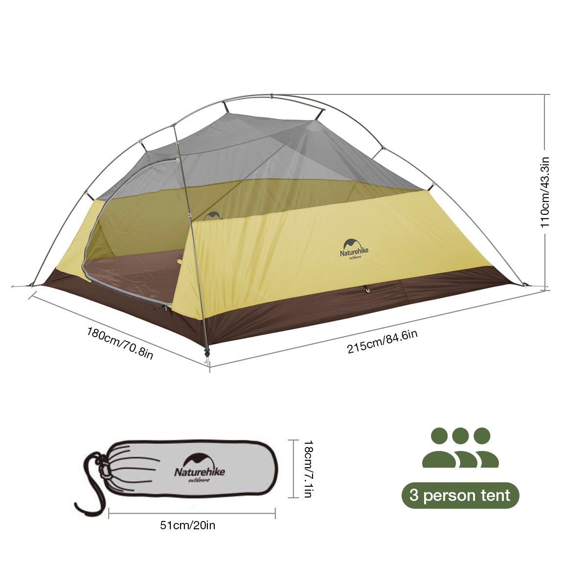 CLOUD UP 3-PERSON ULTRALIGHT HIKING TENT - GREY - Naturexplore - Naturehike - NH18T030-T - Forest green